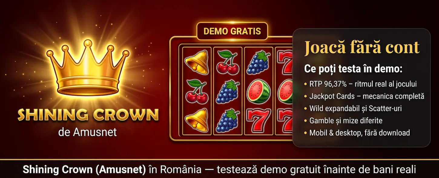 Shining Crown demo gratis — joacă fără cont și testează RTP, Jackpot Cards și Wild înainte de bani reali.