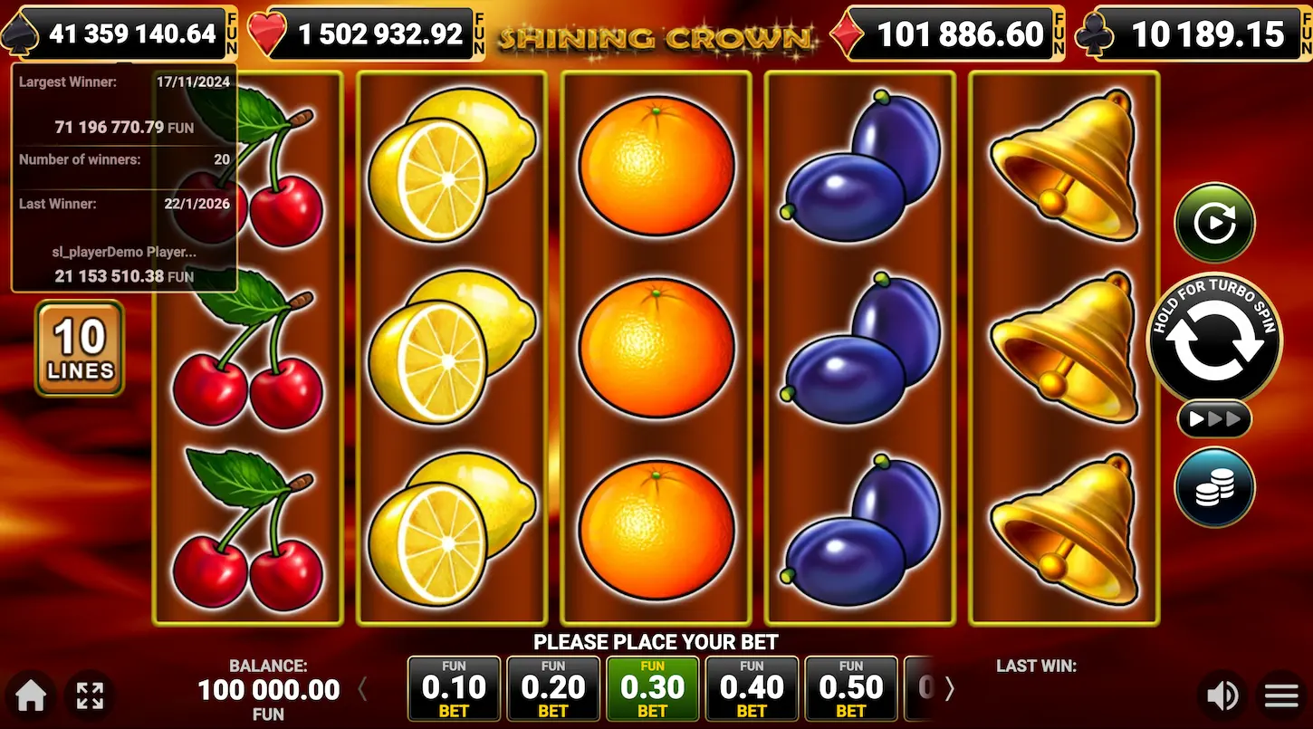 Shining Crown demo gratis — testează RTP, Jackpot Cards și Wild fără cont în România.