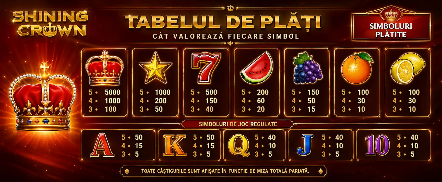 Shining Crown slot de la Amusnet — grilă 5x3, 10 linii fixe, RTP 96,37%, simboluri Wild, Scatter și Jackpot Cards progresiv.